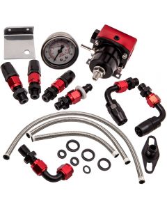 Universal Adjustable Fuel Pressure Regulator Kit + 100psi Gauge -6AN Black andRed